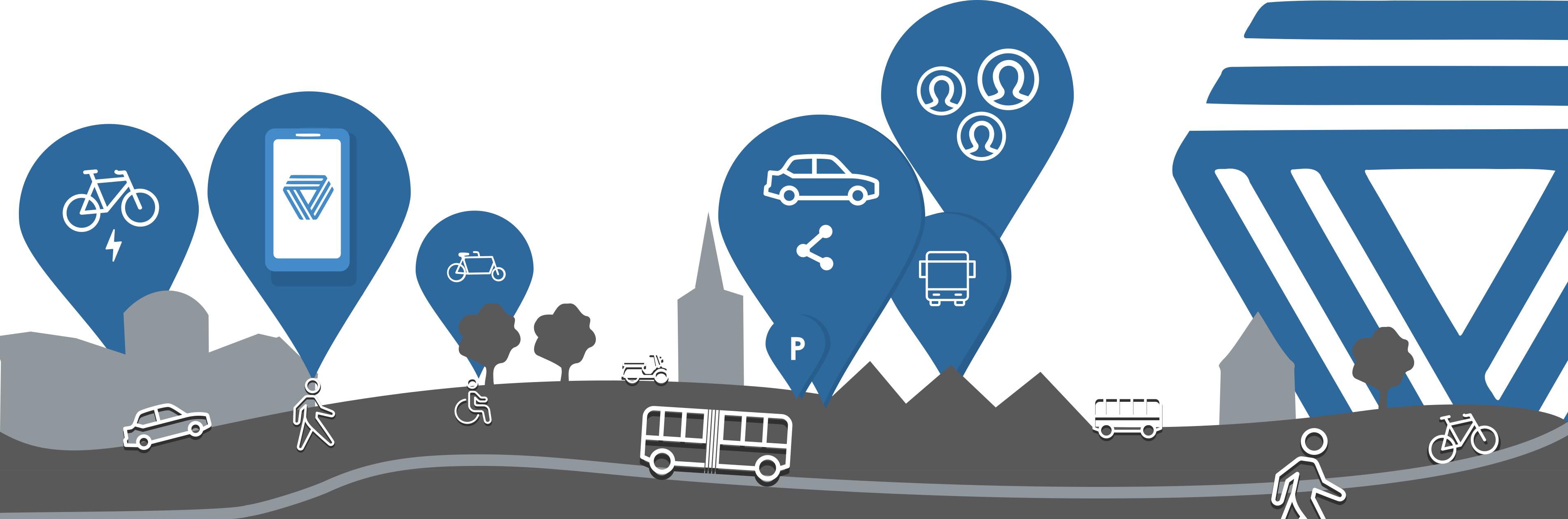 Landschaftssilhouette mit verschiedenen Mobilitätsformen